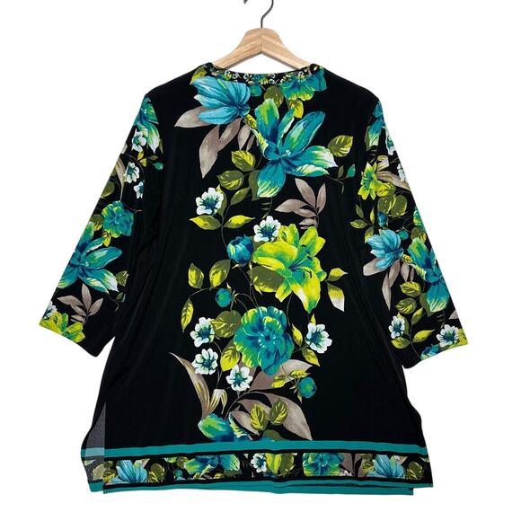 Susan Graver Liquid Knit Split Neck Tunic Floral Teal Blue Green 3/4 Sleeve Sz L - Picture 7 of 11